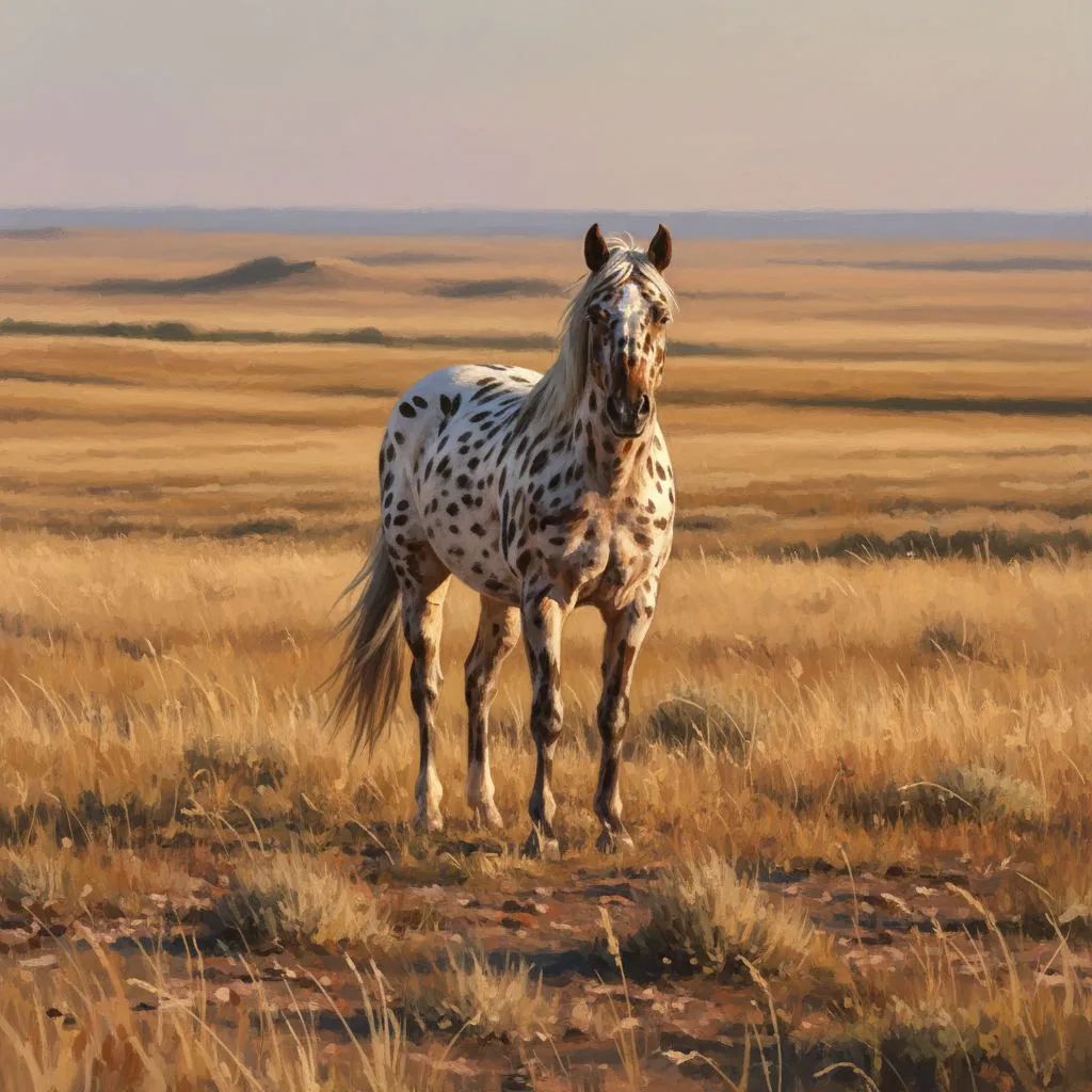 An Appaloosa horse showing leopard-complex spotting, striped hooves, and the white sclera around the eye that identifies the Nez Perce breed of the Pacific Northwest.