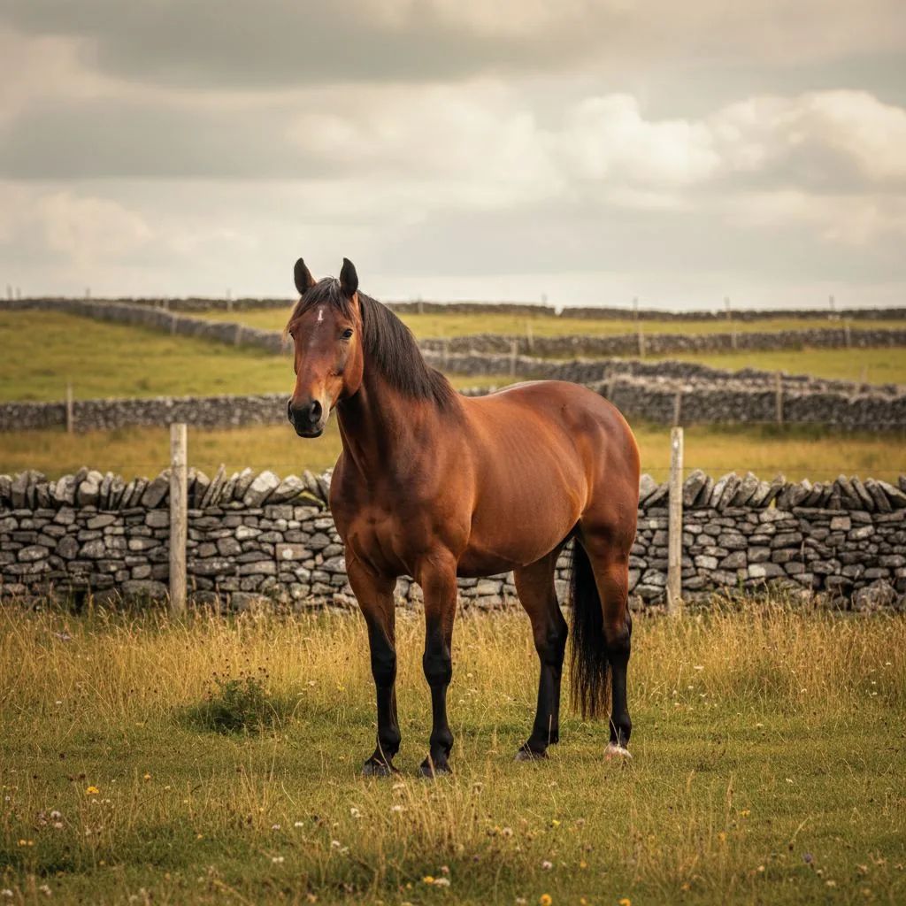 A bay Irish Sport Horse standing in a hunting yard — the Thoroughbred × Irish Draught cross known for substance, bone, and willingness over big fences.