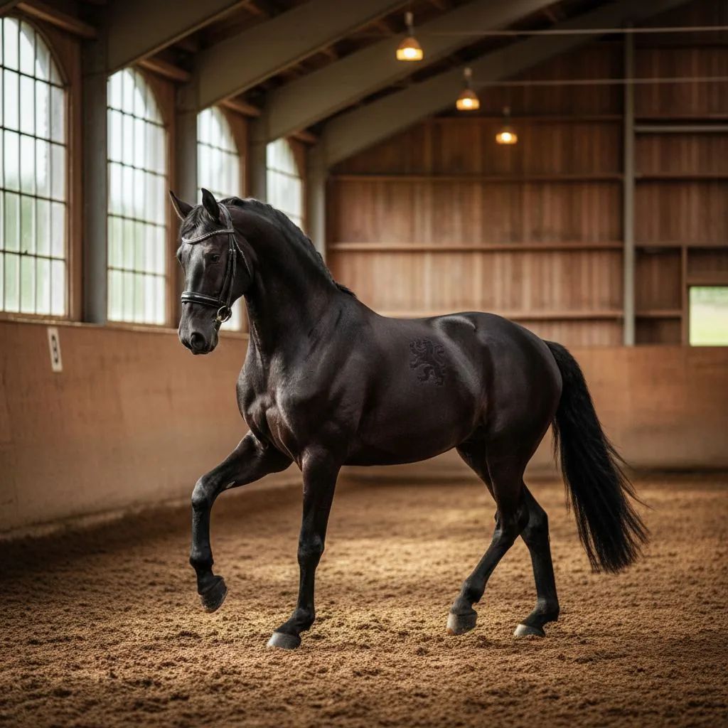 A bay KWPN Dutch Warmblood at a keuring grading, showing the elevated trot and broad topline of the Dutch sport horse register and its crowned-lion neck brand.