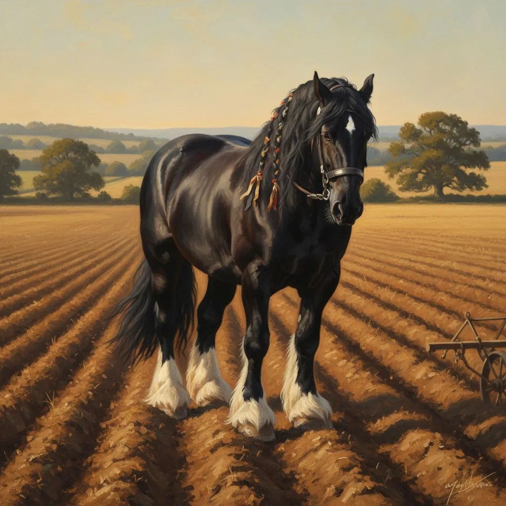A black Shire heavy horse showing massive feathered legs and the 17–19hh draught silhouette — the British heavy breed listed Priority by the Rare Breeds Survival Trust.