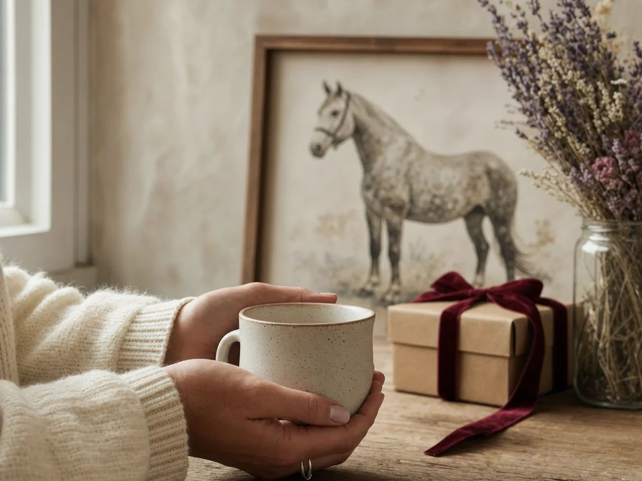 Lifestyle scene representing gifts for women who love horses