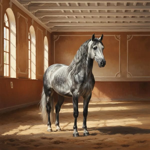 A grey Andalusian (Pura Raza Española) showing the breed's arched neck, thick mane, and elevated forehand — Spain's baroque horse, registered through ANCCE.