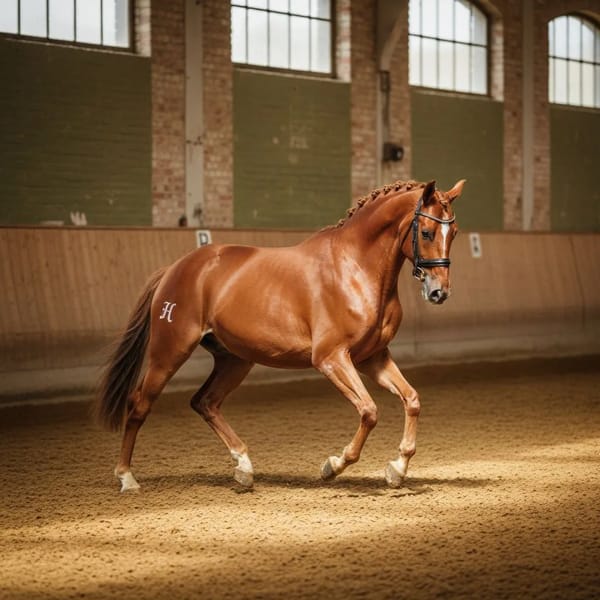 A bay Hanoverian sport horse with the Verband H-brand on the left thigh — the German register that has produced Olympic dressage and showjumping medallists since 1735.