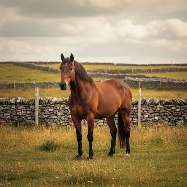 A bay Irish Sport Horse standing in a hunting yard — the Thoroughbred × Irish Draught cross known for substance, bone, and willingness over big fences.