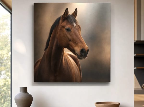 A brushed-aluminium metal print portrait of a bay horse, three-quarter angle head-and-shoulders, on a modern wall, the metal surface giving the highlights a subtle sheen.