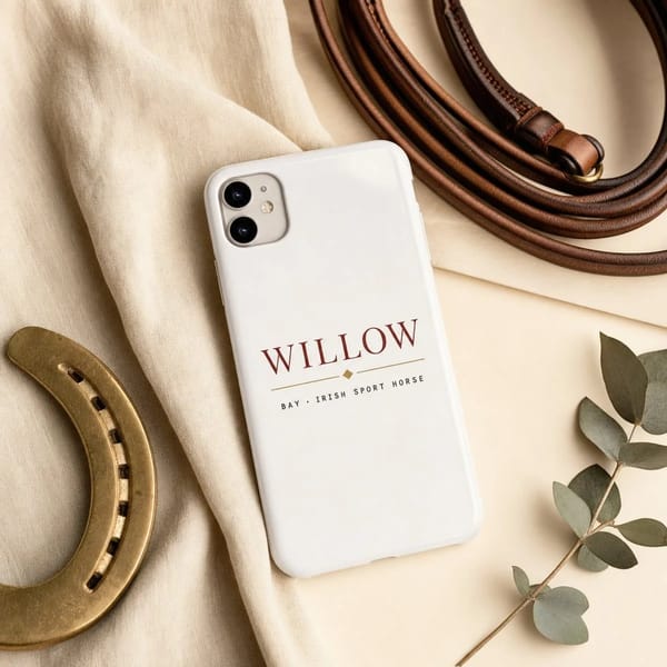 A glossy white iPhone case flat-lay on cream linen showing the printed 'WILLOW' design, beside a brass horseshoe and a sprig of eucalyptus.