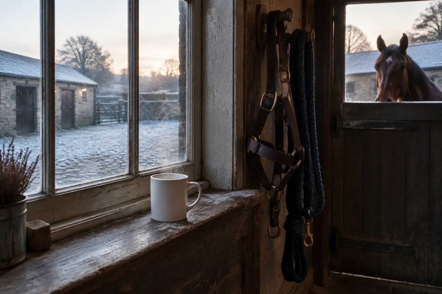 A plain white mug on a tack-room windowsill at first light, a bay horse looking over a half-door outside.