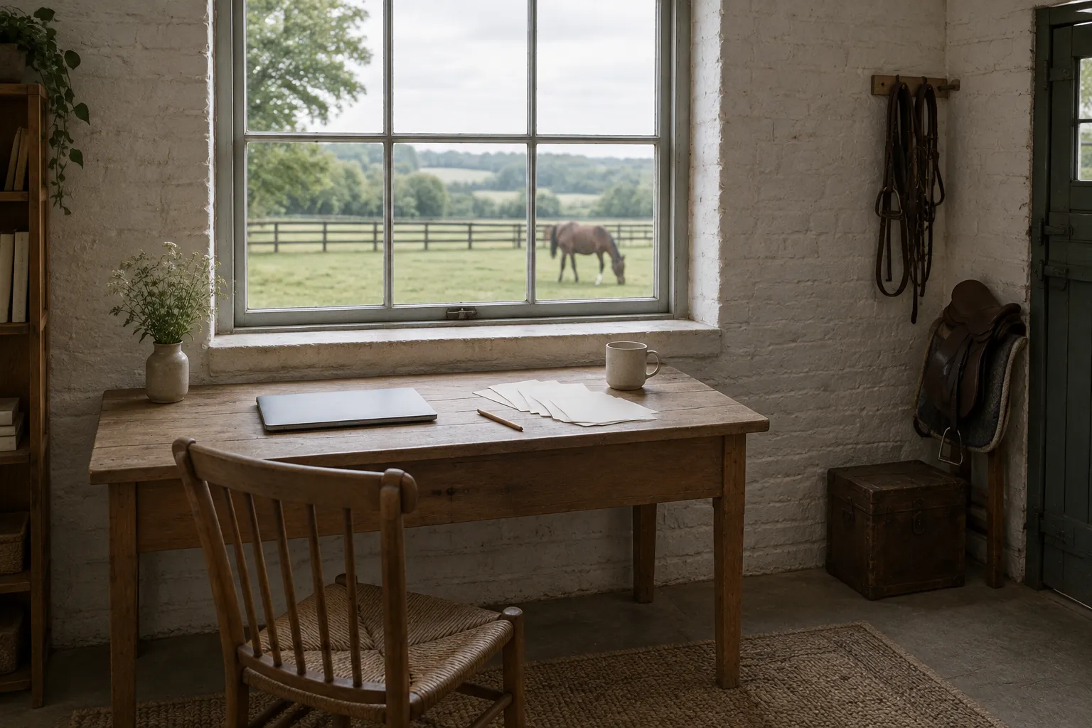 A plain desk under a window in a converted stable studio, a horse grazing in the paddock outside.