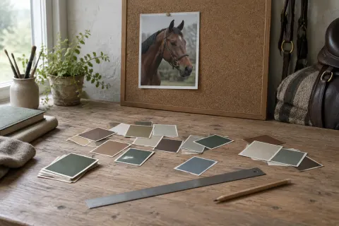 A studio workbench with a pinned photograph of a bay horse, paper colour swatches, a ruler and a pencil. No person.