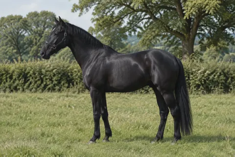 A black horse standing side-on in a summer field.