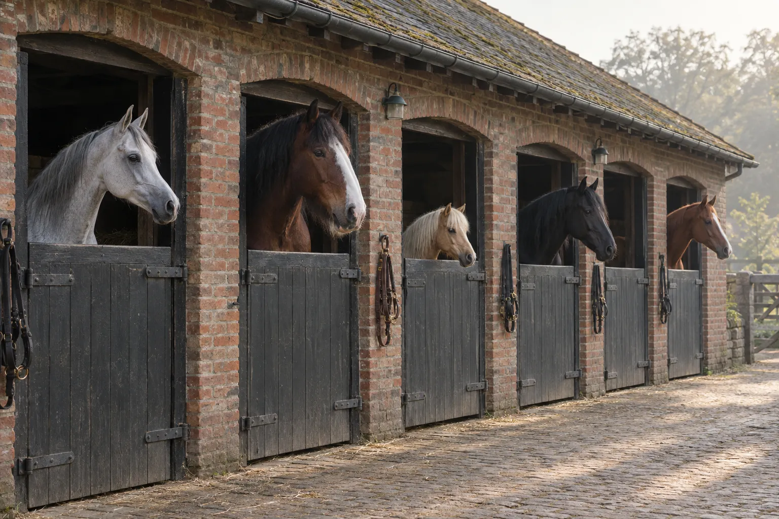 Five different horses looking out over a row of stable half-doors: a grey, a bay with a blaze, a palomino pony, a black and a chestnut.
