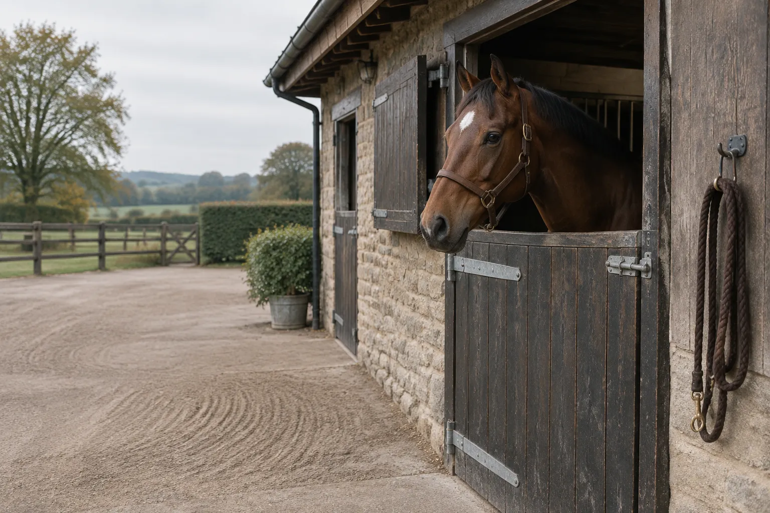 A bay horse with a white star looking out over a stable half-door.
