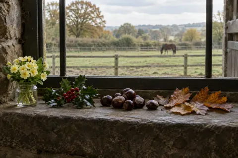 Primroses, holly, conkers and autumn leaves in a row on a stable windowsill, a horse grazing beyond.