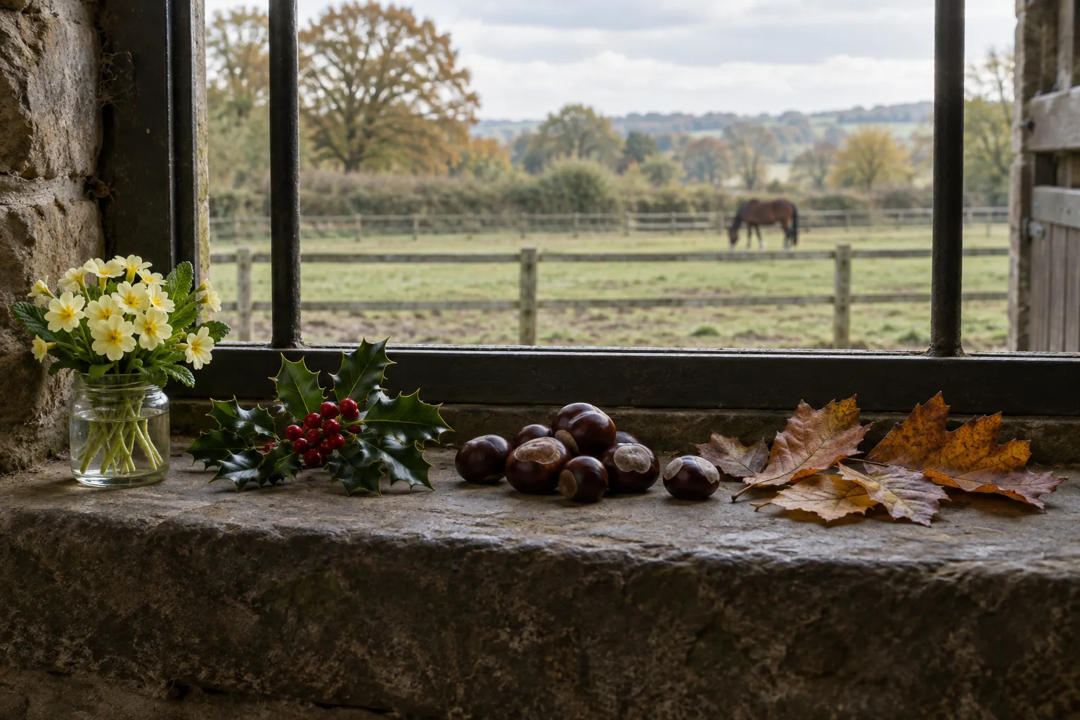 Primroses, holly, conkers and autumn leaves in a row on a stable windowsill, a horse grazing beyond.