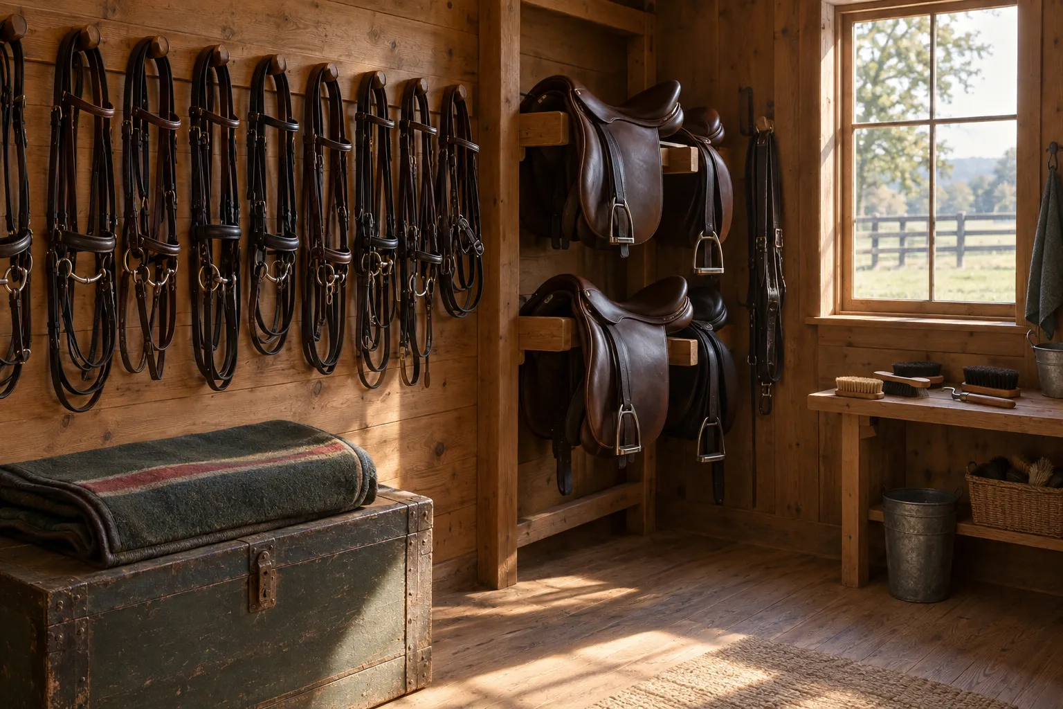Bridles hanging on pegs and saddles on racks in a tidy tack room.
