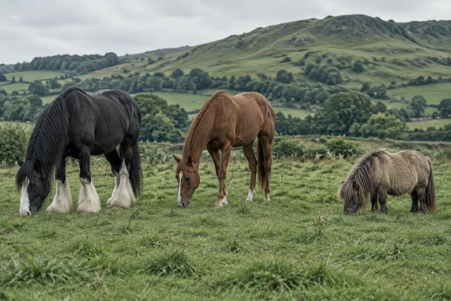 A heavy black draught horse, a slender chestnut thoroughbred and a small dun pony grazing in one field.