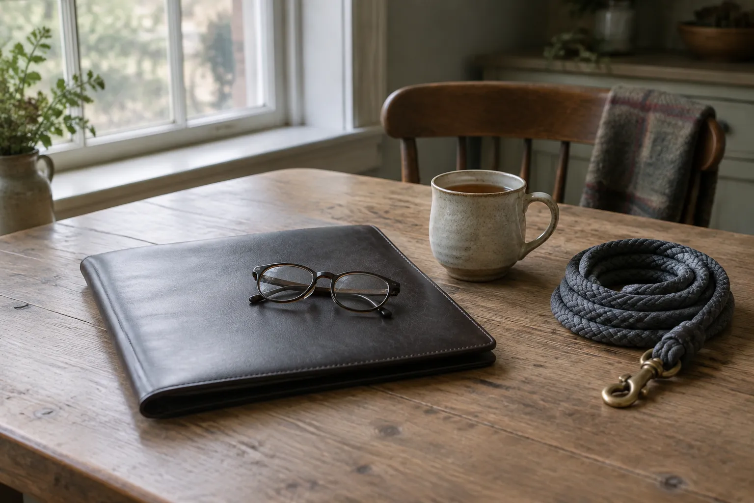 A closed plain leather folder, reading glasses, a mug of tea and a coiled lead rope on a kitchen table.