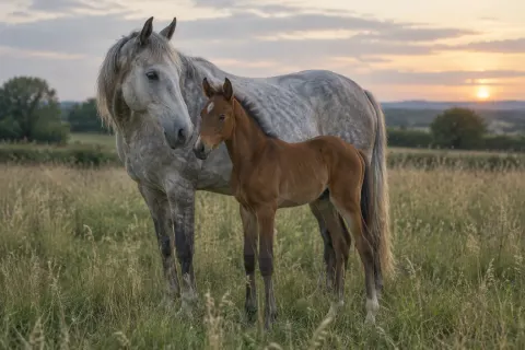 An old dapple-grey mare and a young bay foal standing together in a summer paddock.