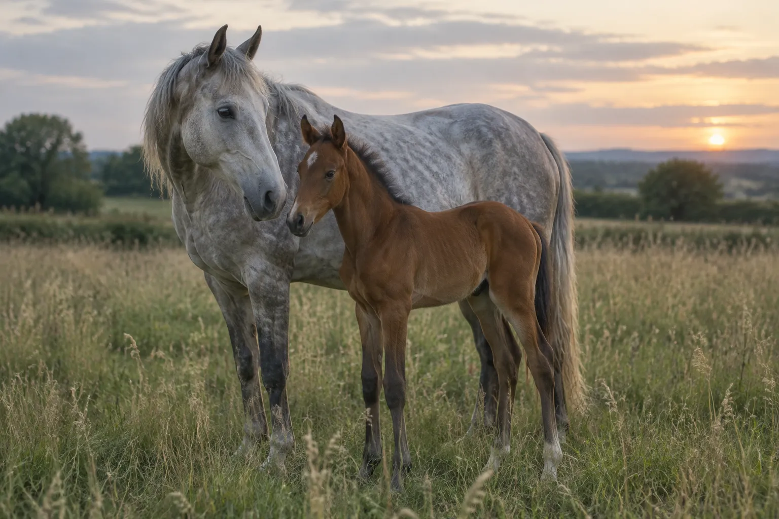 An old dapple-grey mare and a young bay foal standing together in a summer paddock.