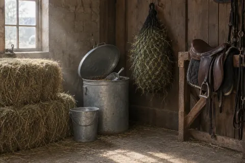 Hay bales, a feed bin, a bucket, a full hay net and a saddle in the corner of a feed room.