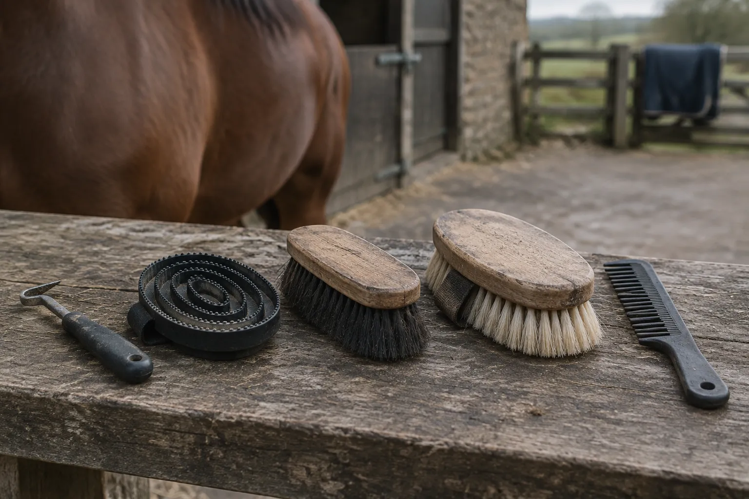 A hoof pick, curry comb, brushes and a mane comb laid on a wooden bench in a stable yard.