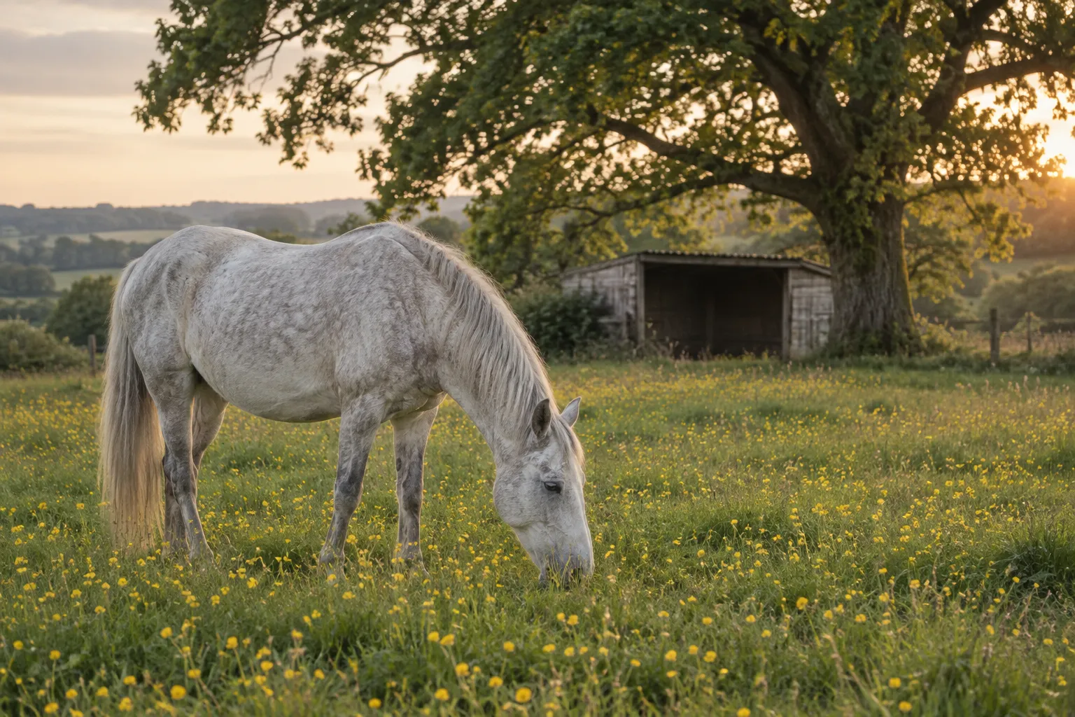 An elderly grey horse grazing at ease in a buttercup meadow.