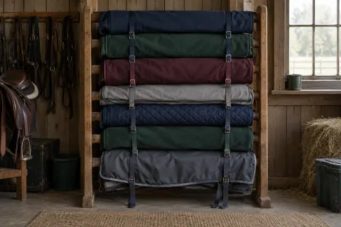 Plain folded horse rugs of different weights hanging on a wooden tack-room rack.