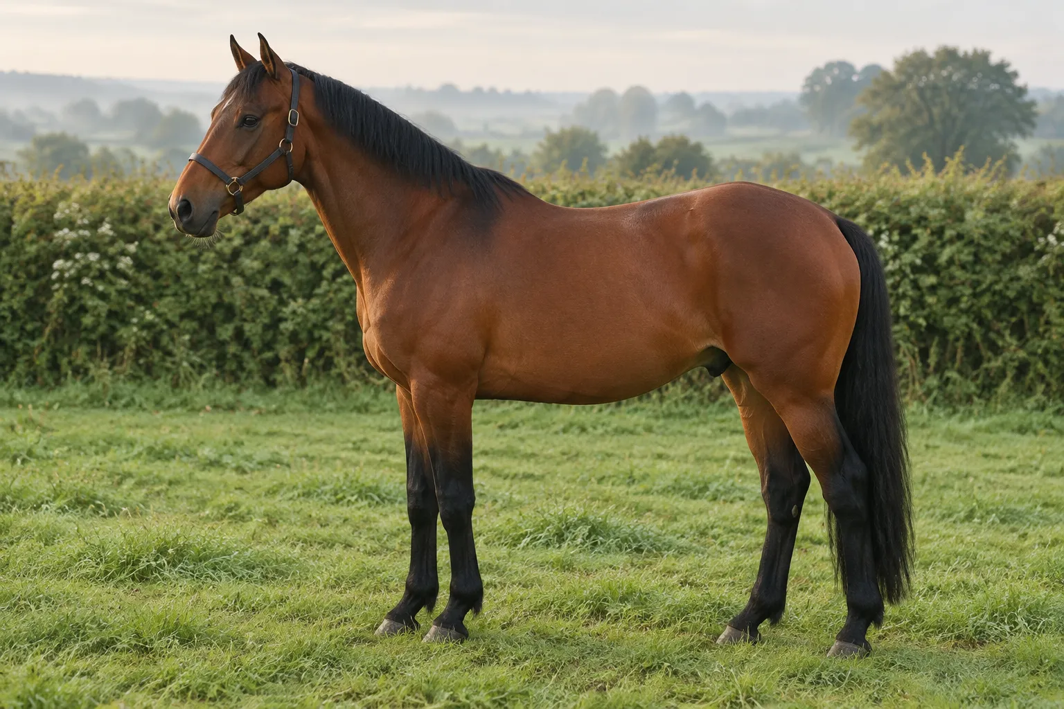 A bay horse side-on in a paddock: reddish-brown body with black mane, tail and lower legs.