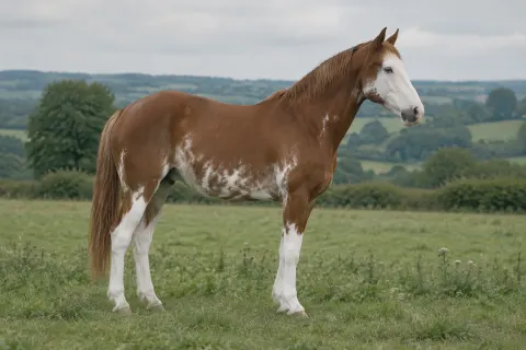 A chestnut horse with soft-edged white splashes on the belly, high white legs and a white face.