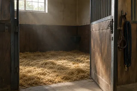 An empty loose box with the door open and a headcollar and lead rope hanging on a hook beside it.