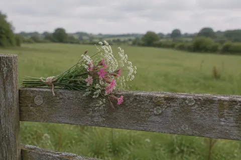 A small posy of hedgerow flowers laid on the top rail of a wooden paddock fence.