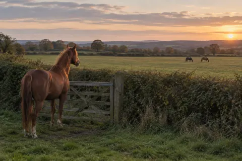 A single chestnut horse at a field gate looking toward two horses grazing in the next field.