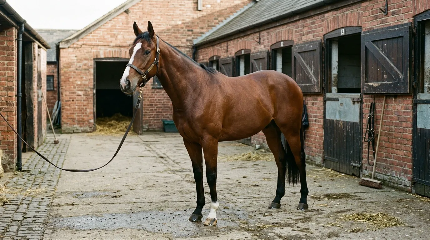 A bay horse with a white blaze standing square on a stable yard, loose boxes behind.