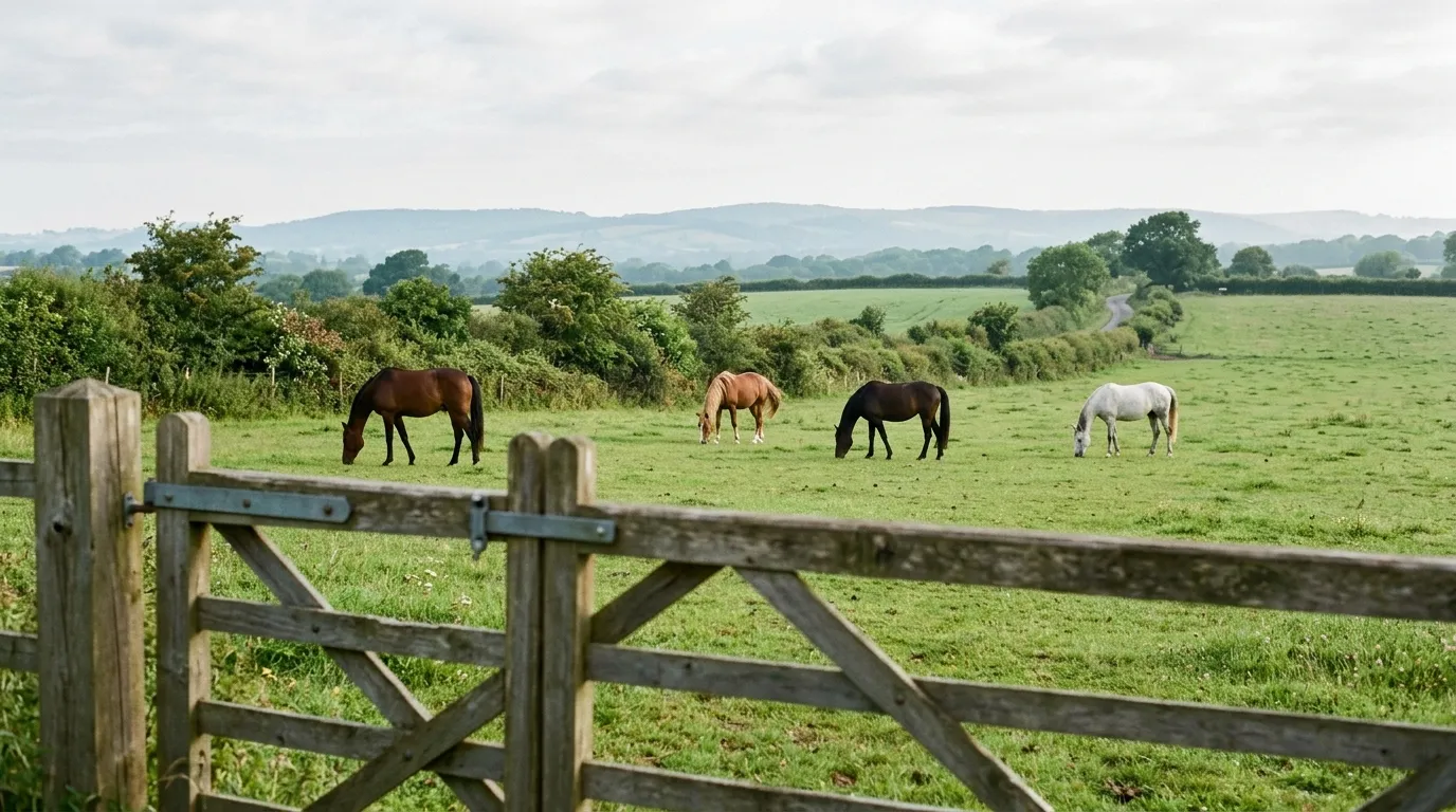A field of horses seen from a gate on a bright morning, hills behind.