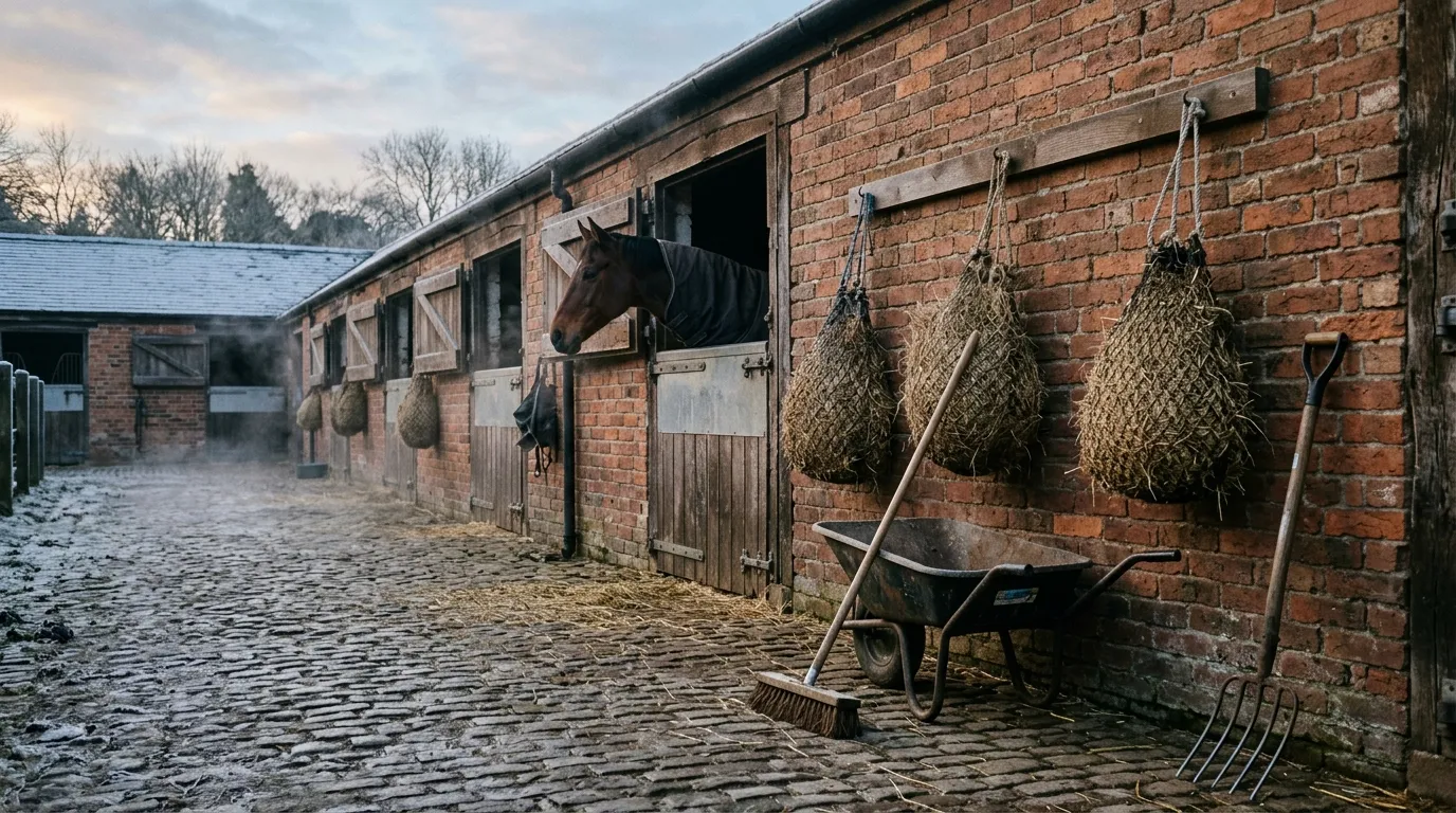 A cobbled stable yard at first light, hay nets hung and a horse at a half-door.