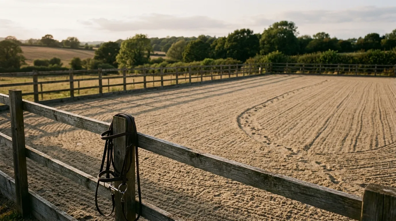 An empty riding arena at the end of the day, hoofprints curving across the raked surface and a bridle over the rail.
