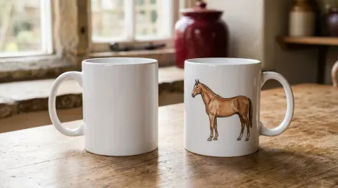 Illustrative image of two white mugs, one plain and one with a horse drawing; no personalised name is shown.