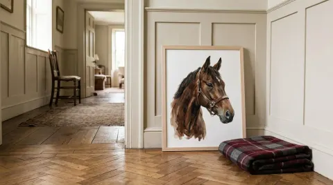 A natural wood frame leaning against a hallway wall holding a watercolour of a bay horse edge to edge, a folded red tartan blanket on the floor beside it.