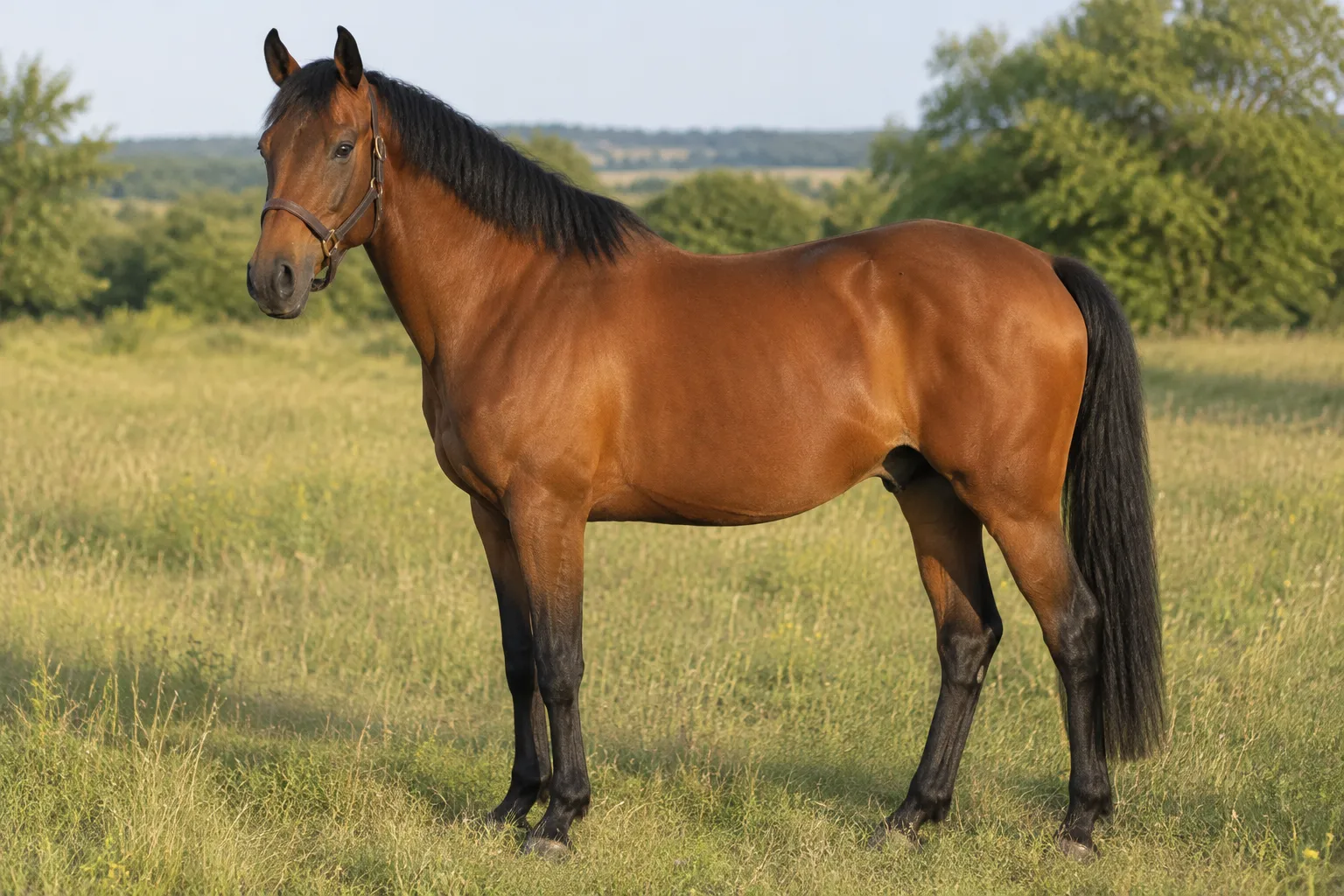 A bay horse standing in a summer meadow: reddish-brown body with a black mane, black tail and black lower legs.