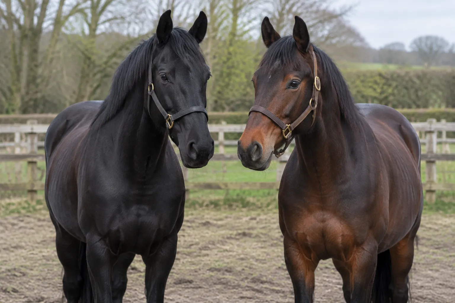 A true black horse and a dark bay horse standing side by side by a post-and-rail fence, the bay showing lighter brown on its muzzle and flanks.