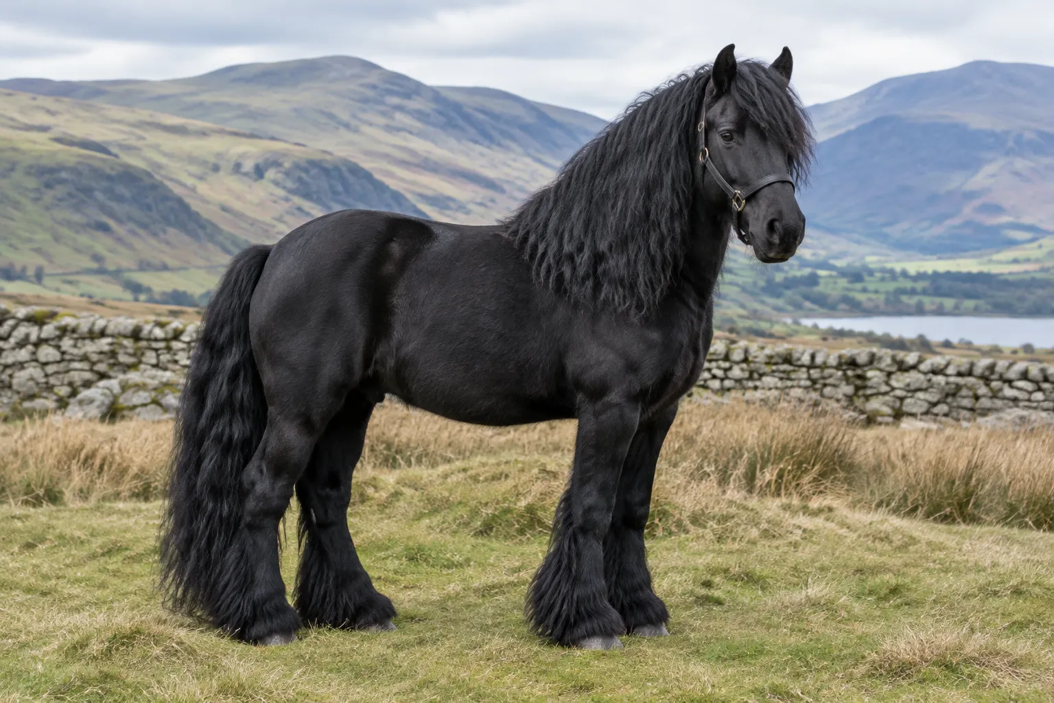 A black pony with a long mane and feathered legs beside a dry-stone wall, illustrating the Fell pony breed guide.
