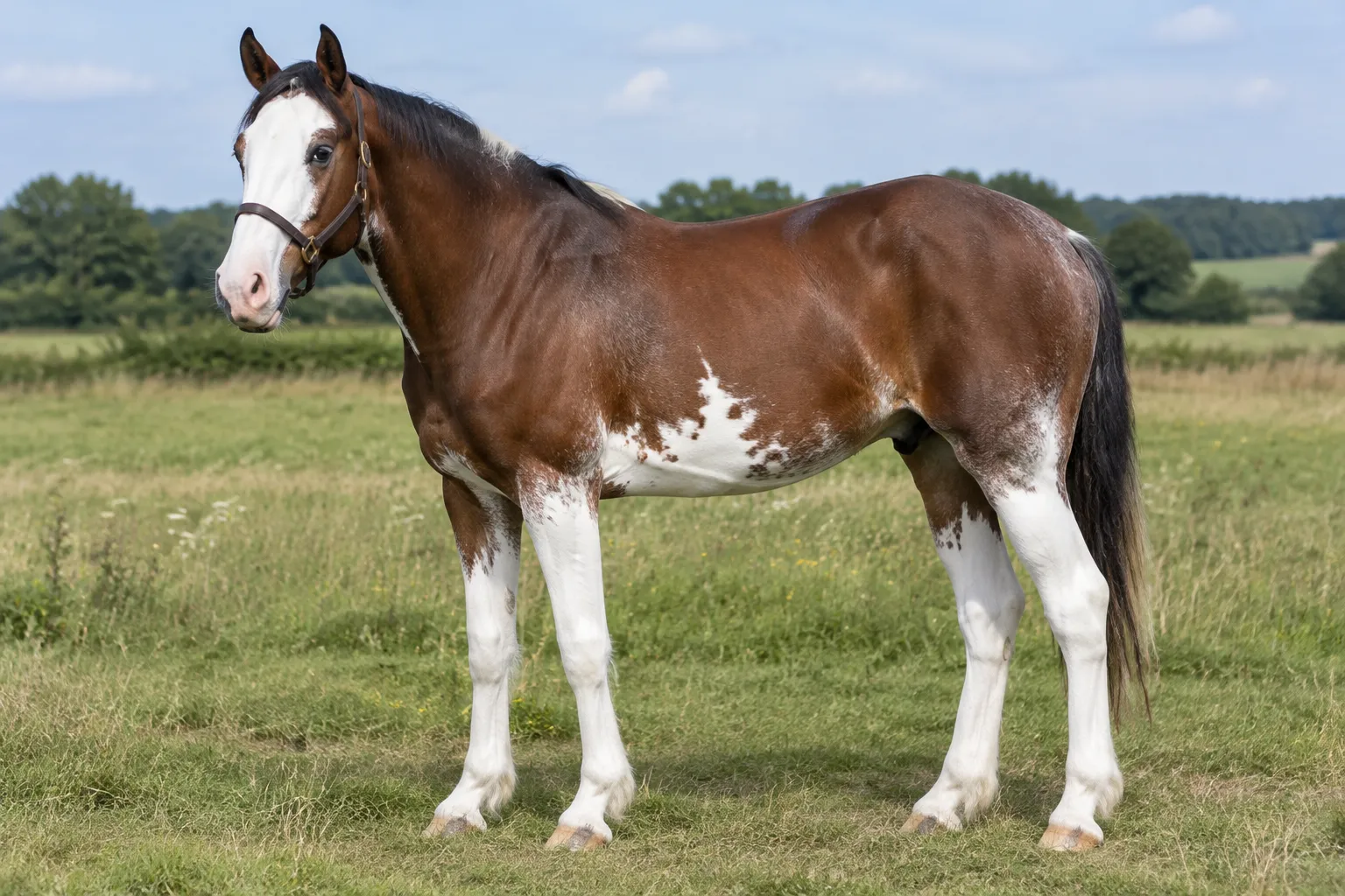 A bay horse with a wide blaze, four tall white legs and a white splash on the belly whose edges blur into speckled bay.