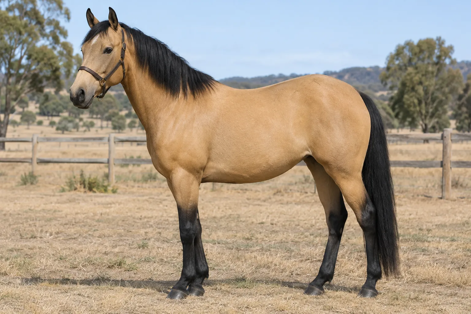 A buckskin horse with a golden tan body and black mane, tail and lower legs, and no stripe along its back, standing in a dry paddock.