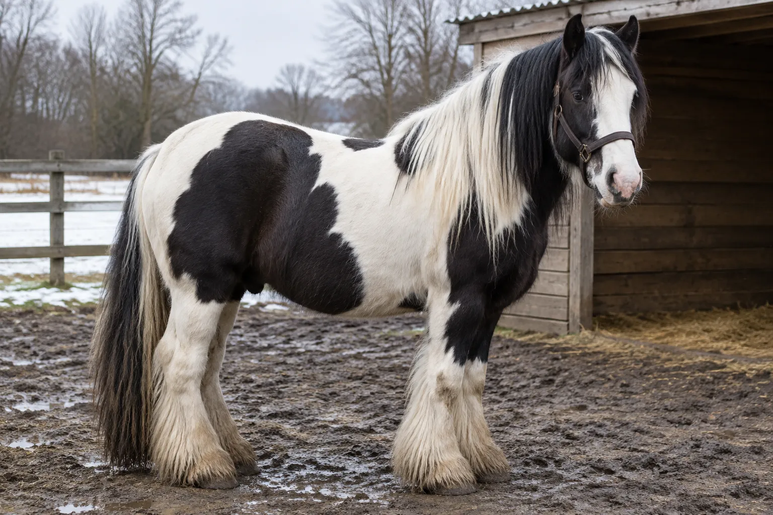 A heavily feathered piebald cob with a long black-and-white mane standing in a muddy winter paddock beside a wooden field shelter.