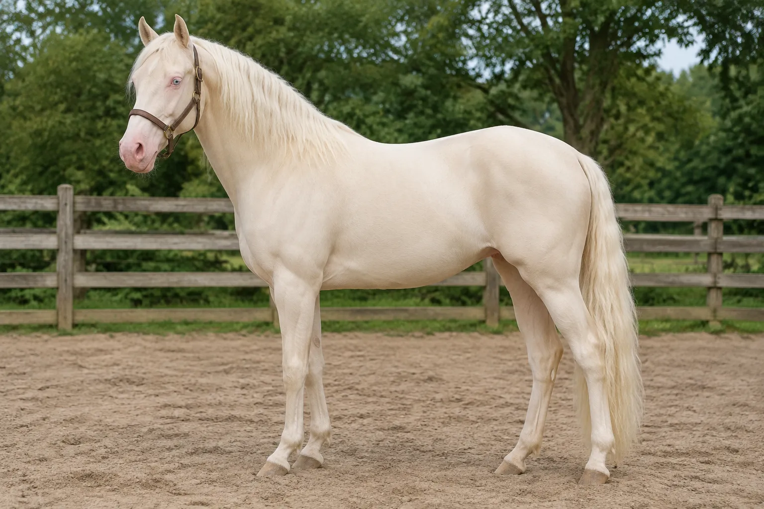 A cremello horse with an even cream coat, pink skin around the muzzle and eyes, and pale blue eyes, standing in a sandy paddock.