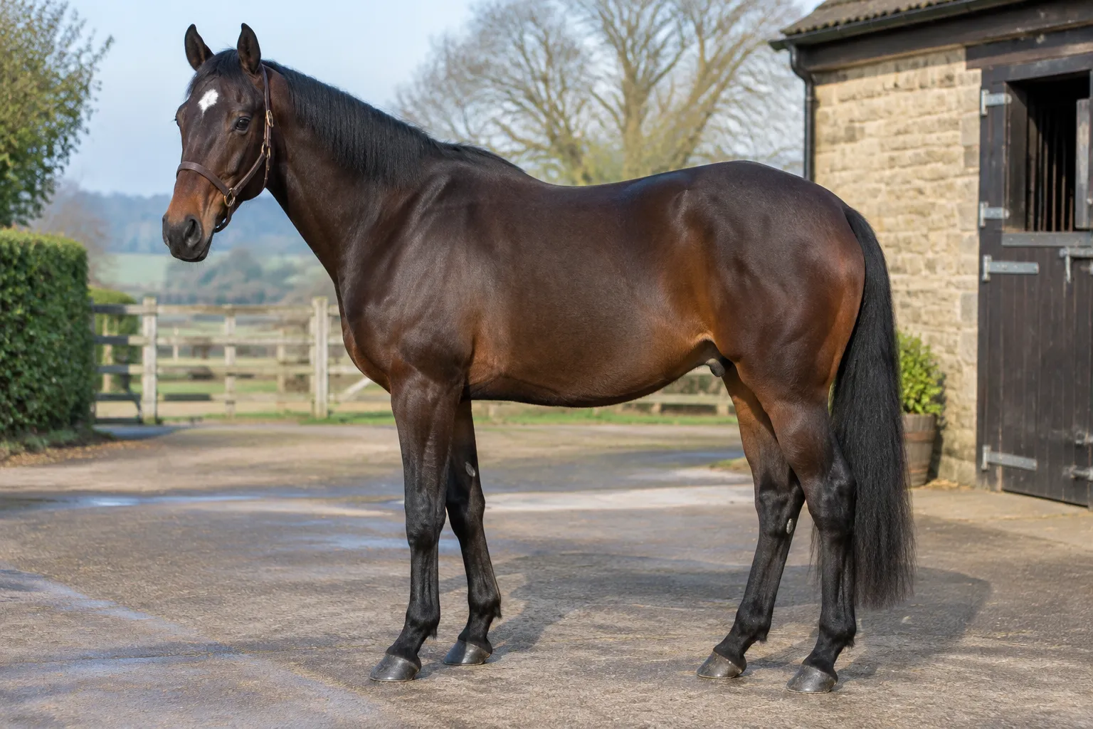 A dark bay horse with a near-black body, lighter muzzle and a small white star, standing on a stable yard.