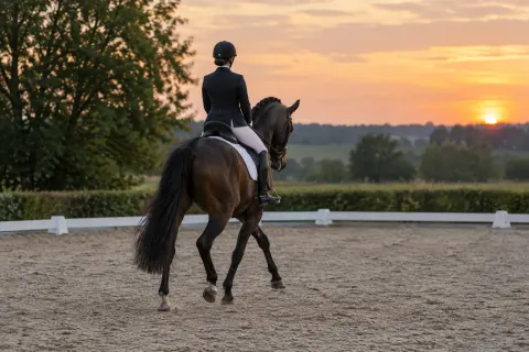 A dark bay horse in collected trot in a sand dressage arena, seen from behind.