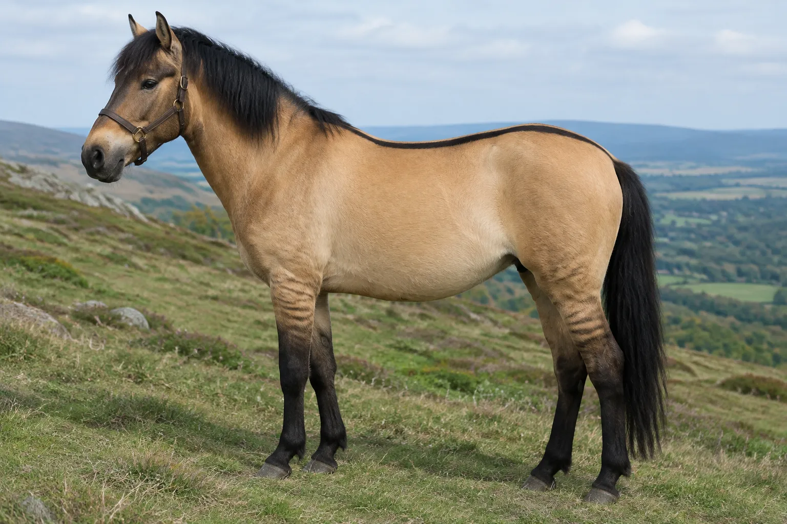 A yellow dun horse on a hillside with a dark stripe along its spine, barring on the upper legs and black lower legs.