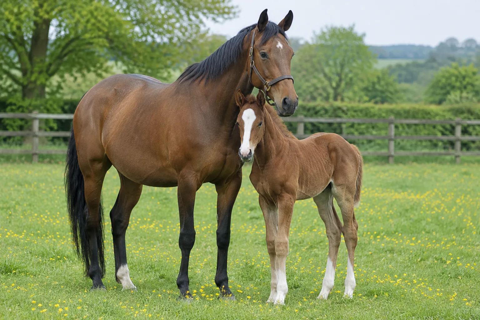 A bay mare and her bay foal with a white blaze standing together in a spring paddock full of buttercups.