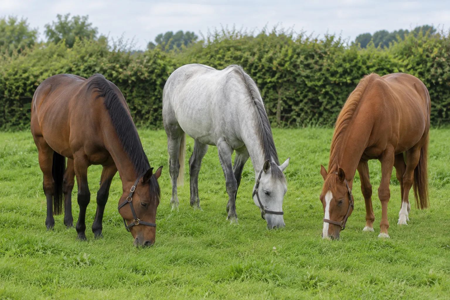 Three horses, a bay, a grey and a chestnut, grazing together in a field.